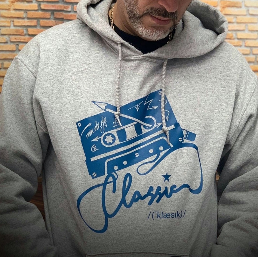 Gray Hoodie with Blue Graphic